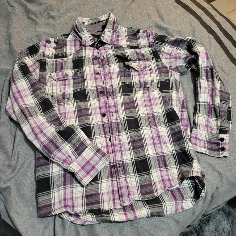 Micros Los Angeles Plaid Black and Purple Men's Shirt Button Down Large